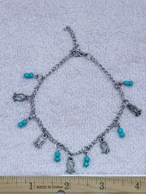 Sterling-Style Silver Charm Anklet with Turquoise Beads